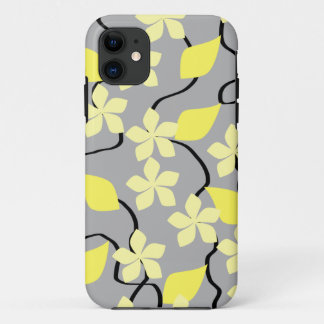 Coque iPhone 11 Fleurs jaunes et grises. Modèle floral