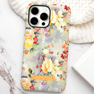 Coque iPhone 16 Pro Max Fleurs jaunes et orange avec nom personnalisé 