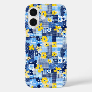 Coque Pour iPhone 16 Fleurs jaunes Motif bleu