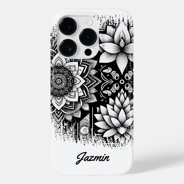 Coques Case-Mate iPhone Fleurs Lotus et Mandalas en noir et blanc (Verso)