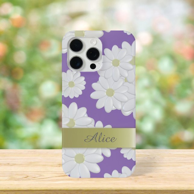 Coques Case-Mate iPhone Fleurs marguerites blanches Florales violettes Per (A cute purple and white daisy phone case with space for your name)