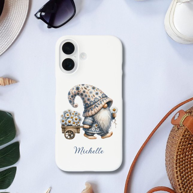 Coques Case-Mate iPhone Fleurs marguerites Gnome Monogramme personnalisé (Monogrammed Name Daisy Flowers Gnome iPhone 16 15 13 14  case.)