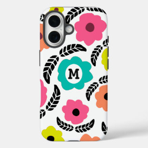 Coque Pour iPhone 16 Fleurs modernes lumineuses et monogramme de feuill