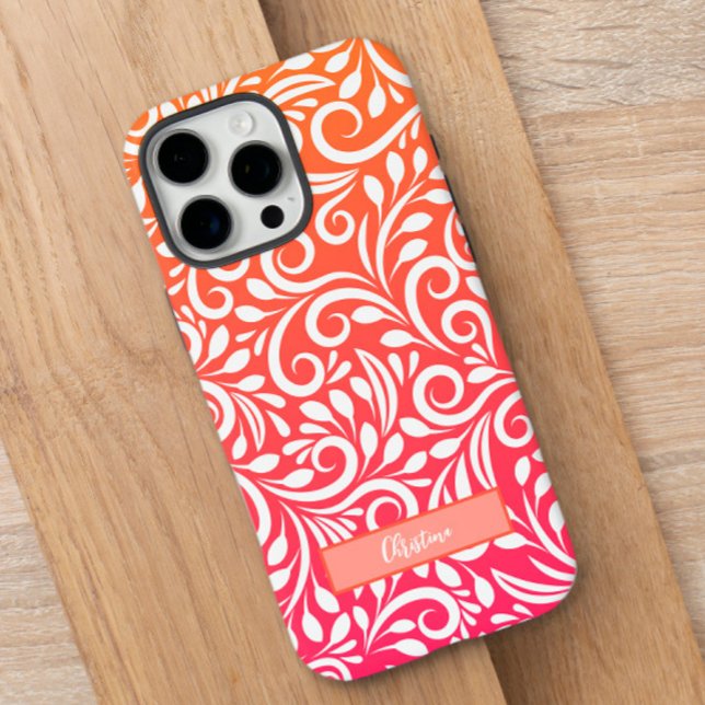 Coques Case-Mate iPhone Fleurs modernes ombrées orange rose avec nom perso (Chic Ombre Floral Pattern Elegant Name Pink Orange Case-Mate iPhone Case)