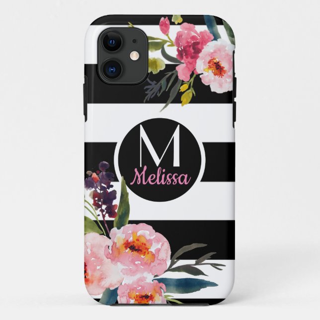 Coques Case-Mate iPhone Fleurs - Monogramme rayures noir et blanc (Dos)