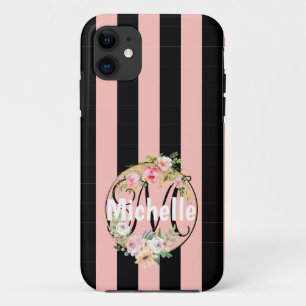 Case-Mate iPhone Case Fleurs monogrammes et rayures roses noires motif