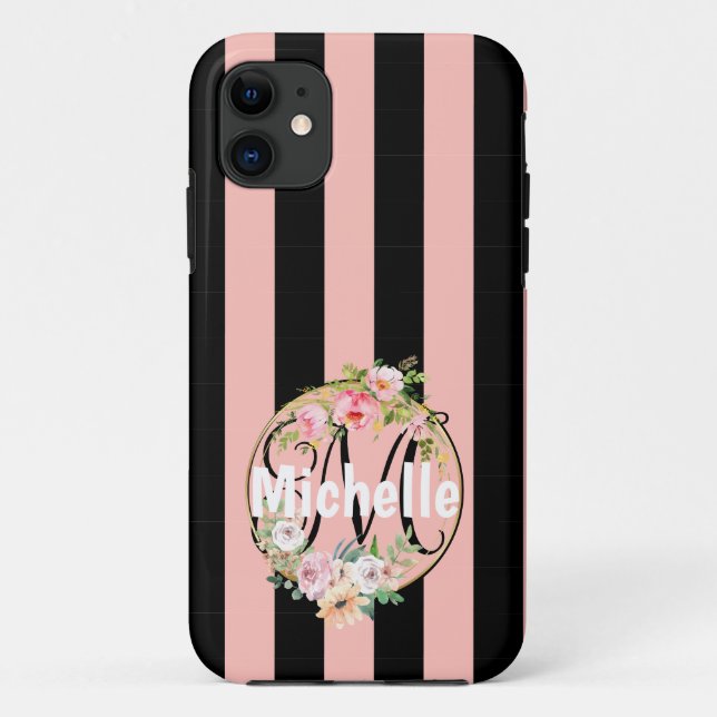Coques Case-Mate iPhone Fleurs monogrammes et rayures roses noires motif (Dos)