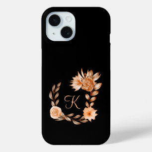 Coque Case-Mate iPhone Fleurs noir marron et pêche monogrammées