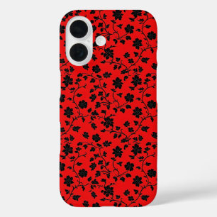 Coque Pour iPhone 16 Fleurs noires Motif rouge