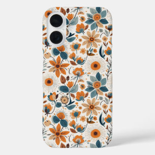 Coque Pour iPhone 16 Fleurs orange bleu botaniques Cottagecore vintage