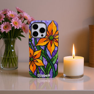 Coque iPhone 16 Pro Fleurs orange gras avec Arrière - plan violet