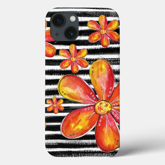 Coques Case-Mate iPhone Fleurs orange sur bandes noires (Verso)