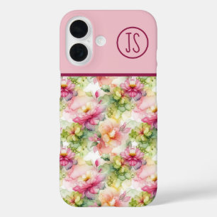 Coque Pour iPhone 16 Fleurs Pastel Illustration d'encre d'alcool Monogr