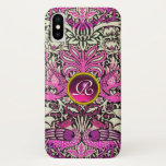 COQUE Case-Mate POUR iPhone FLEURS, PEACOCKS ET DRAGONS GEM STONE MONOGRAM<br><div class="desc">Design floral coloré,  élégant et classique avec des tourbillons,  paon,  oiseaux et figurines de dragon en rose,  noir blanc fuchsia violet violet couleurs sont élaborés à partir de tissu vintage avec un gemme améthyste 3D brillant.</div>