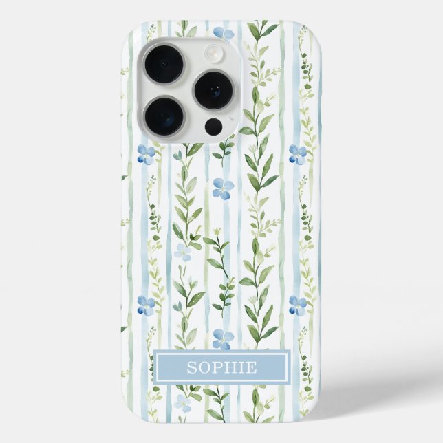 Coques Case-Mate iPhone Fleurs personnalisées rayées bleues (Verso)
