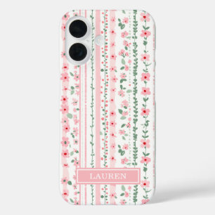 Coque Pour iPhone 16 Fleurs personnalisées rayées roses