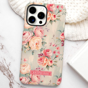 Coque iPhone 16 Pro Max Fleurs personnalisées rose et pêche 