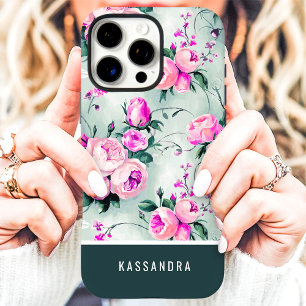 Coque iPhone 16 Pro Max Fleurs personnalisées vert foncé et rose 