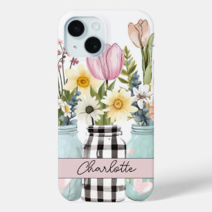 Coque Case-Mate iPhone Fleurs printanières dans Mason Jar Design avec nom