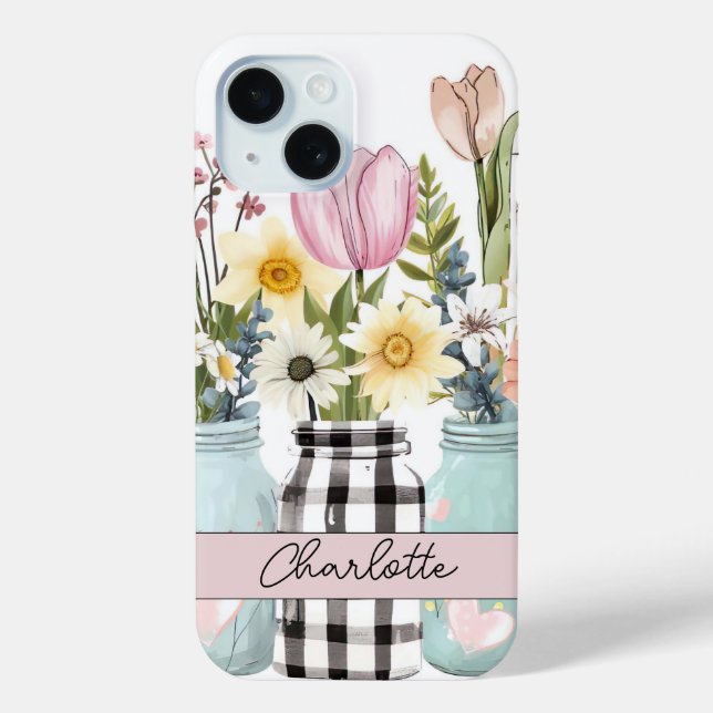 Coques Case-Mate iPhone Fleurs printanières dans Mason Jar Design avec nom (Verso)
