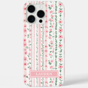 Coque iPhone 16 Pro Max Fleurs rayées rose personnalisées