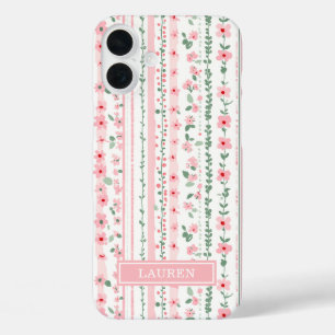 Coque Pour iPhone 16 Plus Fleurs rayées rose personnalisées