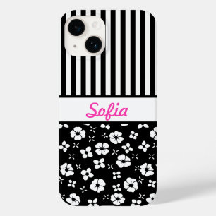 Coque Case-Mate iPhone Fleurs/rayures noires/blanches Monogrammes