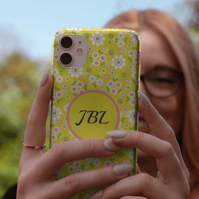 Coques Case-Mate iPhone Fleurs rétro mod jaunes et blanches monogramme (Créateur téléchargé)