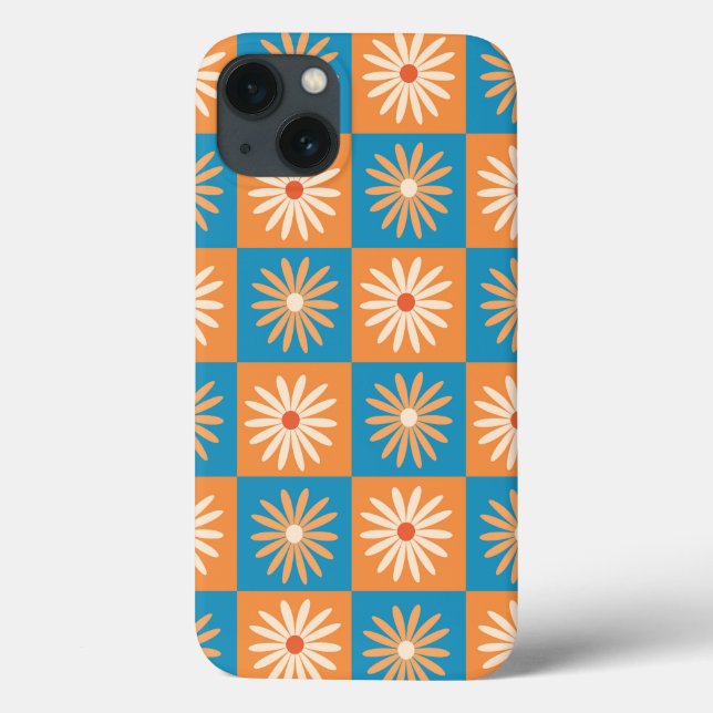 Coques Case-Mate iPhone Fleurs Rétro sur Damier Bleu et Orange  (Verso)