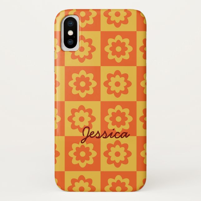 Coques Case-Mate iPhone Fleurs Rétro sur Damier Jaune Orange Personnalisé (Dos)