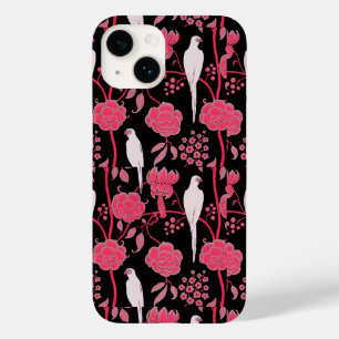 COQUE POUR iPhone 14 FLEURS ROSES ART DÉCO, PAROIS BLANCS SUR NOIR