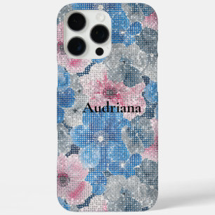 Coque iPhone 16 Pro Max Fleurs roses bleues scintillent