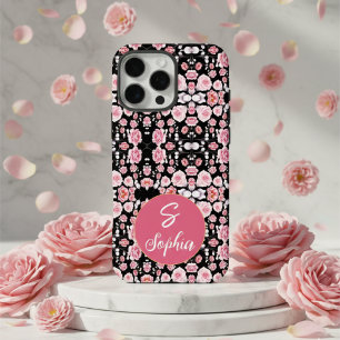 Coque iPhone 16 Pro Max Fleurs roses élégantes sur motif noir