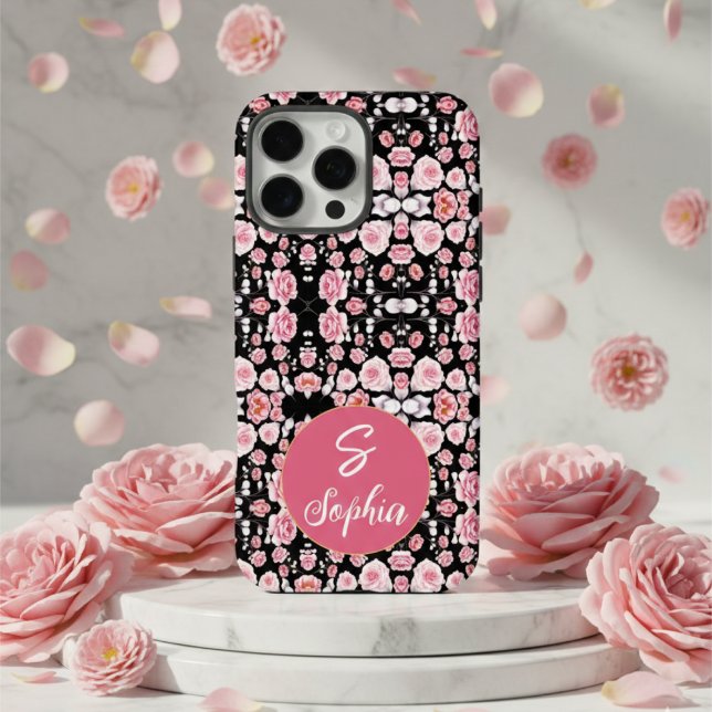 Coques Case-Mate iPhone Fleurs roses élégantes sur motif noir (Créateur téléchargé)