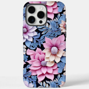 Coque iPhone 16 Pro Max Fleurs roses en relief 