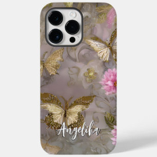 Coque Case-Mate iPhone Fleurs roses et fleurs dorées Nom personnalisé Sh