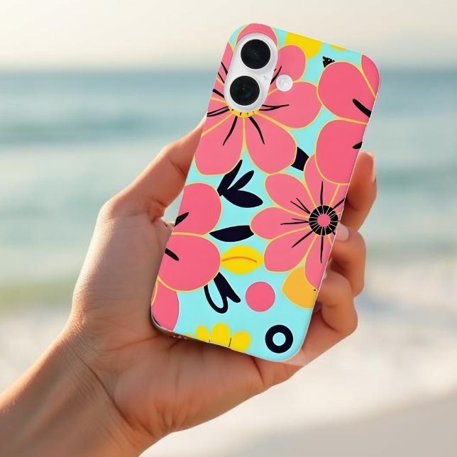 Coques Case-Mate iPhone Fleurs roses et jaunes sur Sky Blue Dopamine (Pink & Yellow Blossoms on Sky Blue-Dopamine Style Case-Mate iPhone Case)