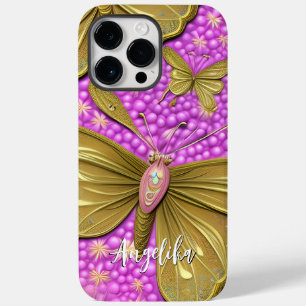 Coque Case-Mate iPhone Fleurs roses et papillons dorés Nom