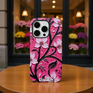 Coque iPhone 16 Pro Fleurs roses et tiges noires en pasto