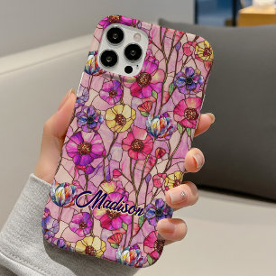 Coque Pour iPhone 16 Fleurs roses et violettes en verre coloré 