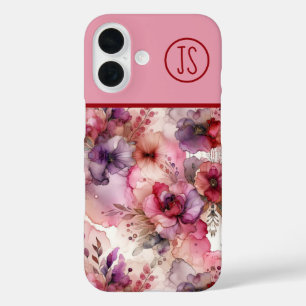 Coque Pour iPhone 16 Fleurs roses et violettes Encre d'alcool Monogramm