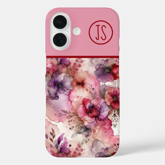 Coques Case-Mate iPhone Fleurs roses et violettes Encre d'alcool Monogramm (Verso)