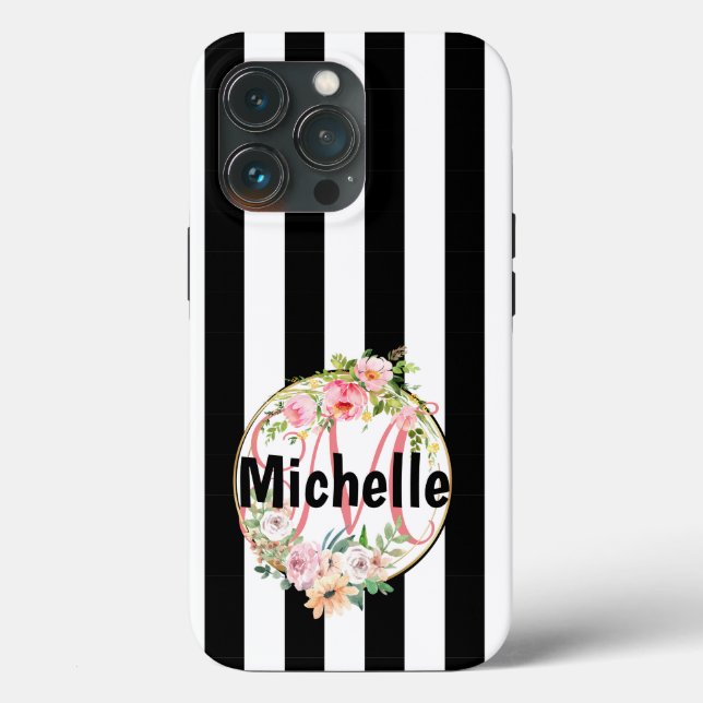 Coques Case-Mate iPhone Fleurs roses monogrammées rayures noires et blanch (Verso)