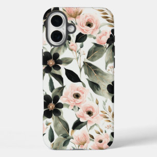 Coque Pour iPhone 16 Plus Fleurs roses noires et coquilles