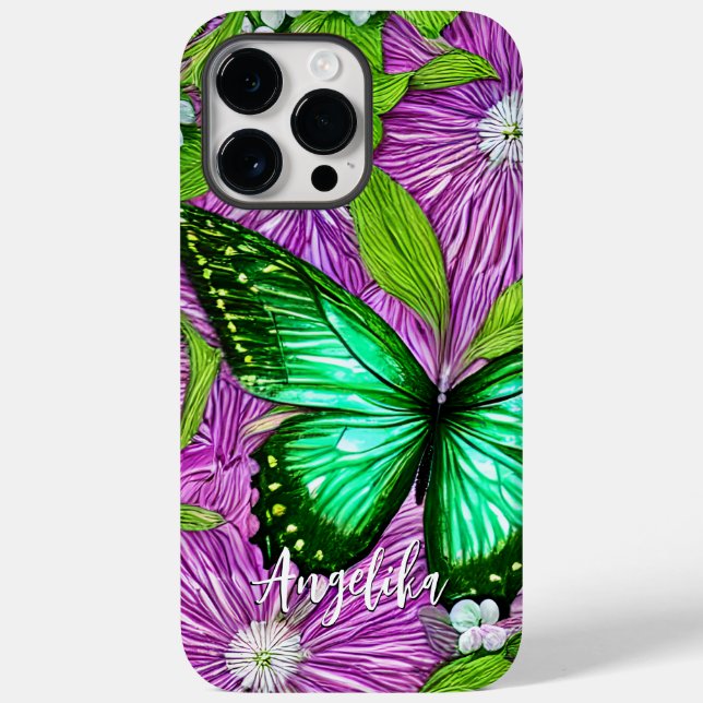 Coques Case-Mate iPhone Fleurs roses Papillon vert | Nom personnalisé (Verso)