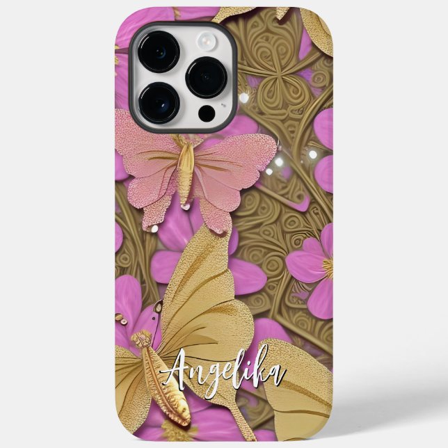 Coques Case-Mate iPhone Fleurs roses, papillons dorés et votre nom (Verso)