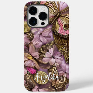 Coque Case-Mate iPhone Fleurs roses papillons dorés nom personnalisé