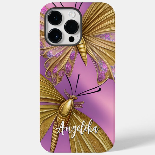 Coques Case-Mate iPhone Fleurs roses, papillons dorés nom personnalisé (Verso)