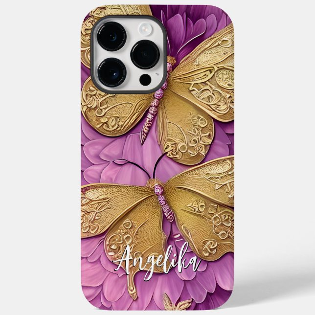 Coques Case-Mate iPhone Fleurs roses personnalisées Papillons dorés Nom (Verso)