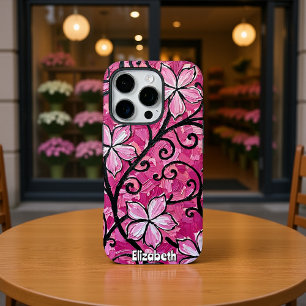 Coque iPhone 16 Pro Fleurs roses sculptées sur défilement noir
